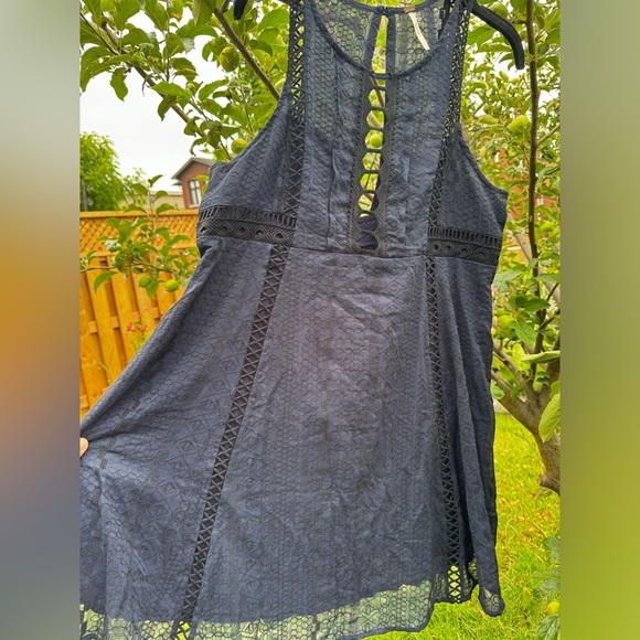 FREE PEOPLE Wherever You Go Black Navy Crochet & Lace Mini Tunic Dress, Sz 12 - Picture 10 of 16